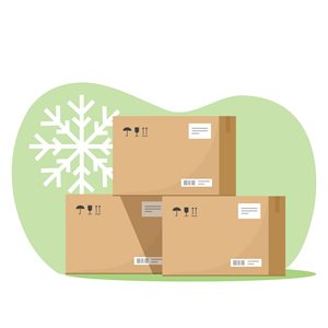 Three cardboard boxes with shipping labels and a snowflake graphic in the background.